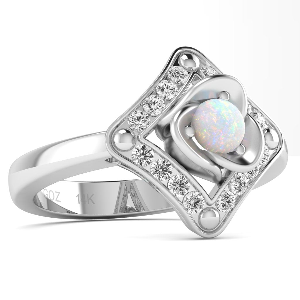 Rose Love Opal Diamond Ring In 14k White Gold