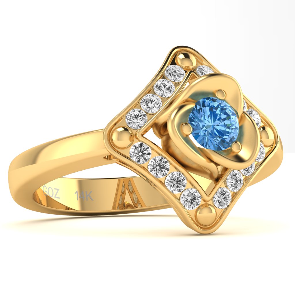 Rose Love Blue Topaz Diamond Ring In 14k Yellow Gold