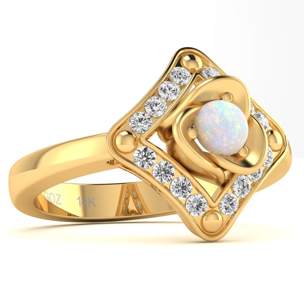 Rose Love Opal Diamond Ring In 14k Yellow Gold