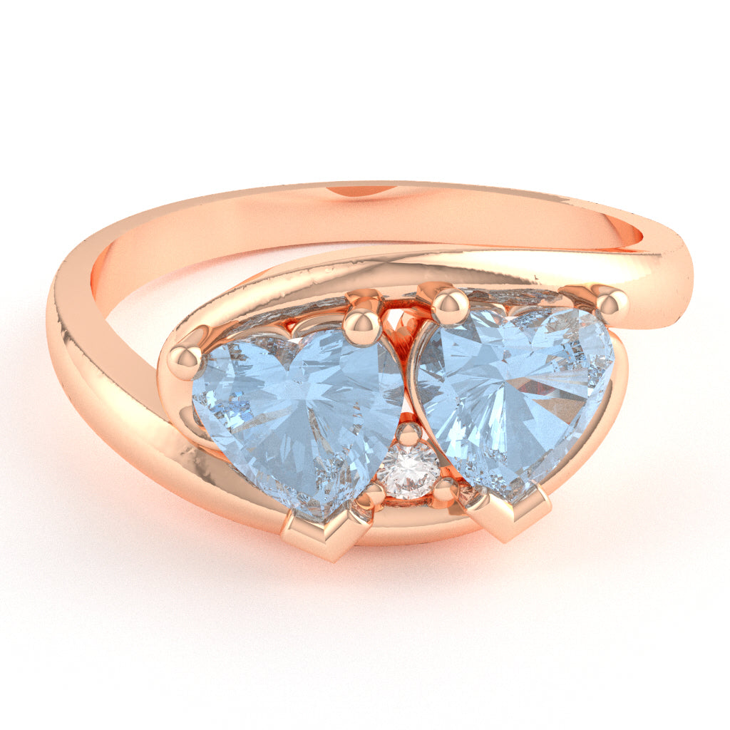 2 Hearts In Love Aquamarine Diamond Promise Ring In 14k Rose Gold