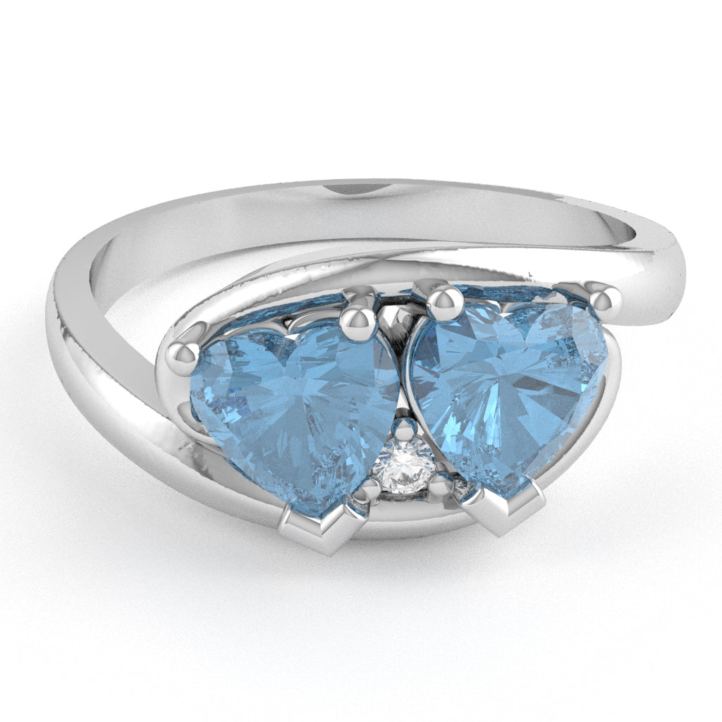 2 Hearts In Love Blue Topaz Diamond Promise Ring In 14k White Gold