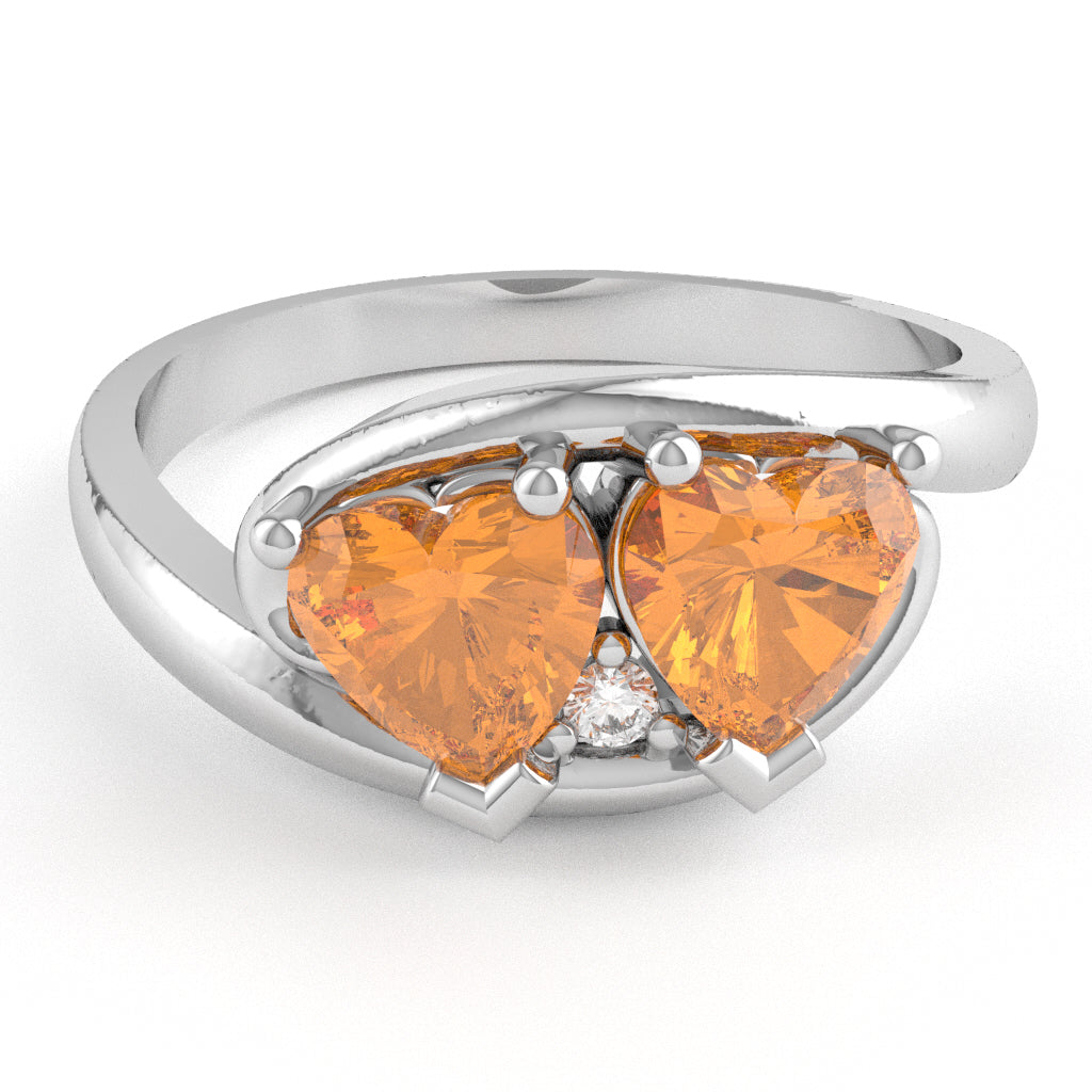 2 Hearts In Love Citrine Diamond Promise Ring In 14k White Gold