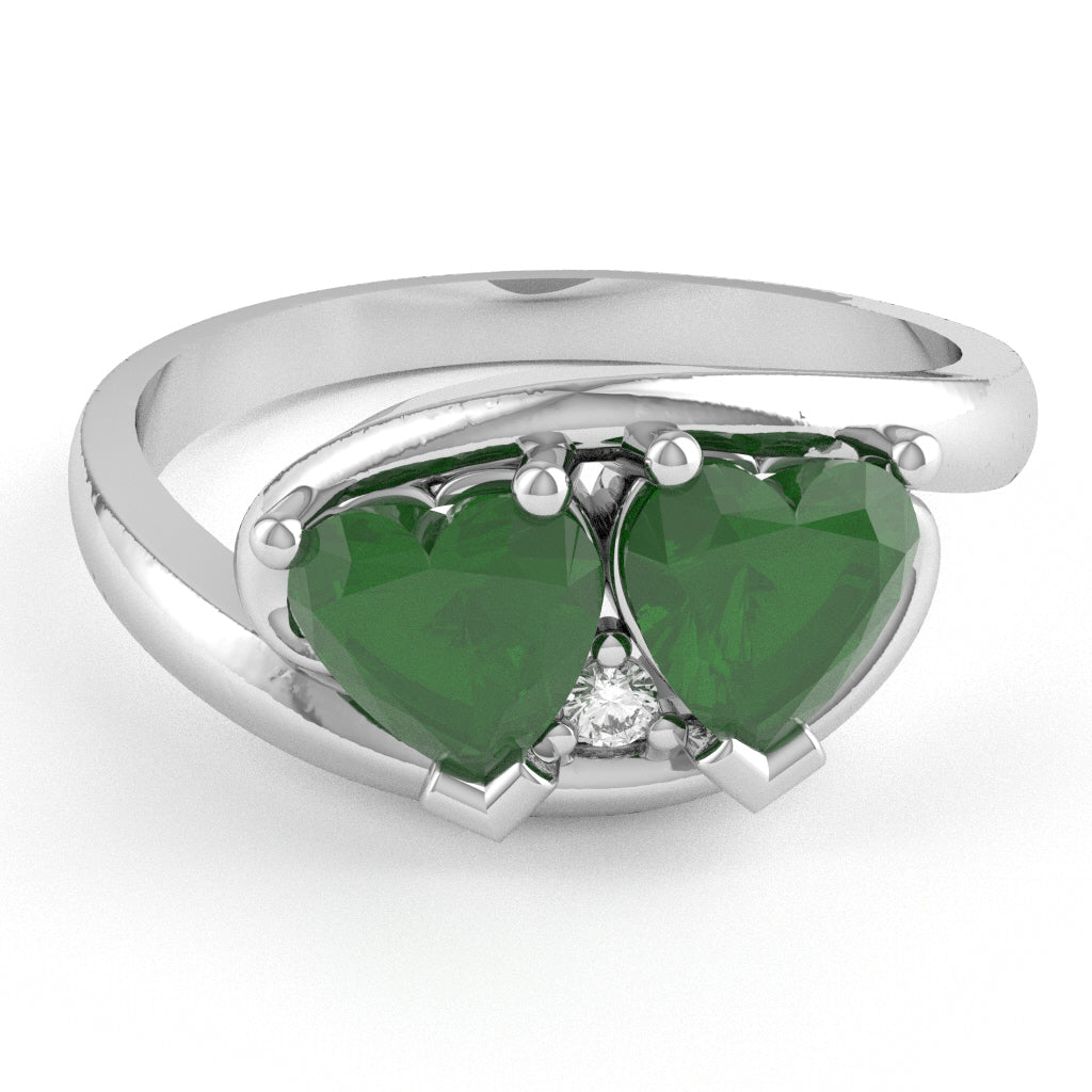 2 Hearts In Love Emerald Diamond Promise Ring In 14k White Gold