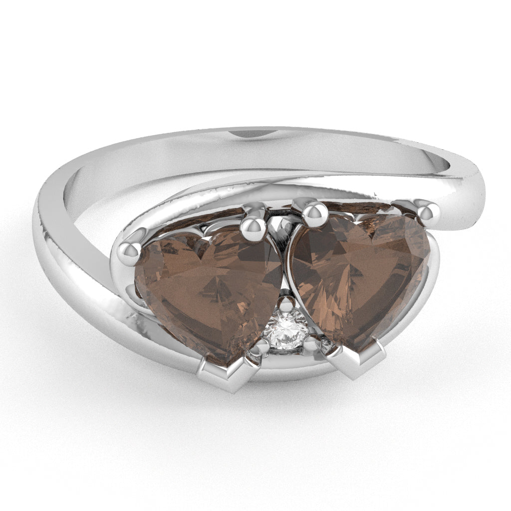 2 Hearts In Love Smoky Quartz Diamond Promise Ring In 14k White Gold
