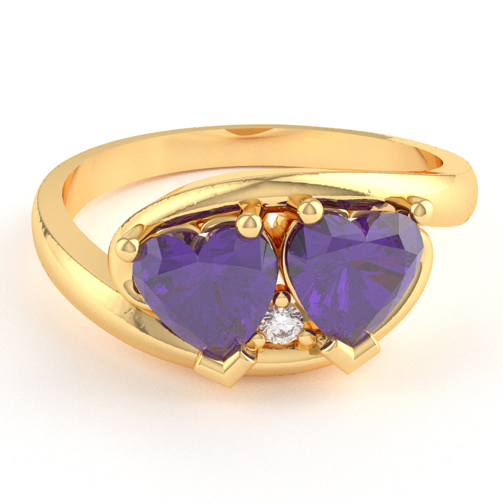 2 Hearts In Love Amethyst Diamond Promise Ring In 14k Yellow Gold