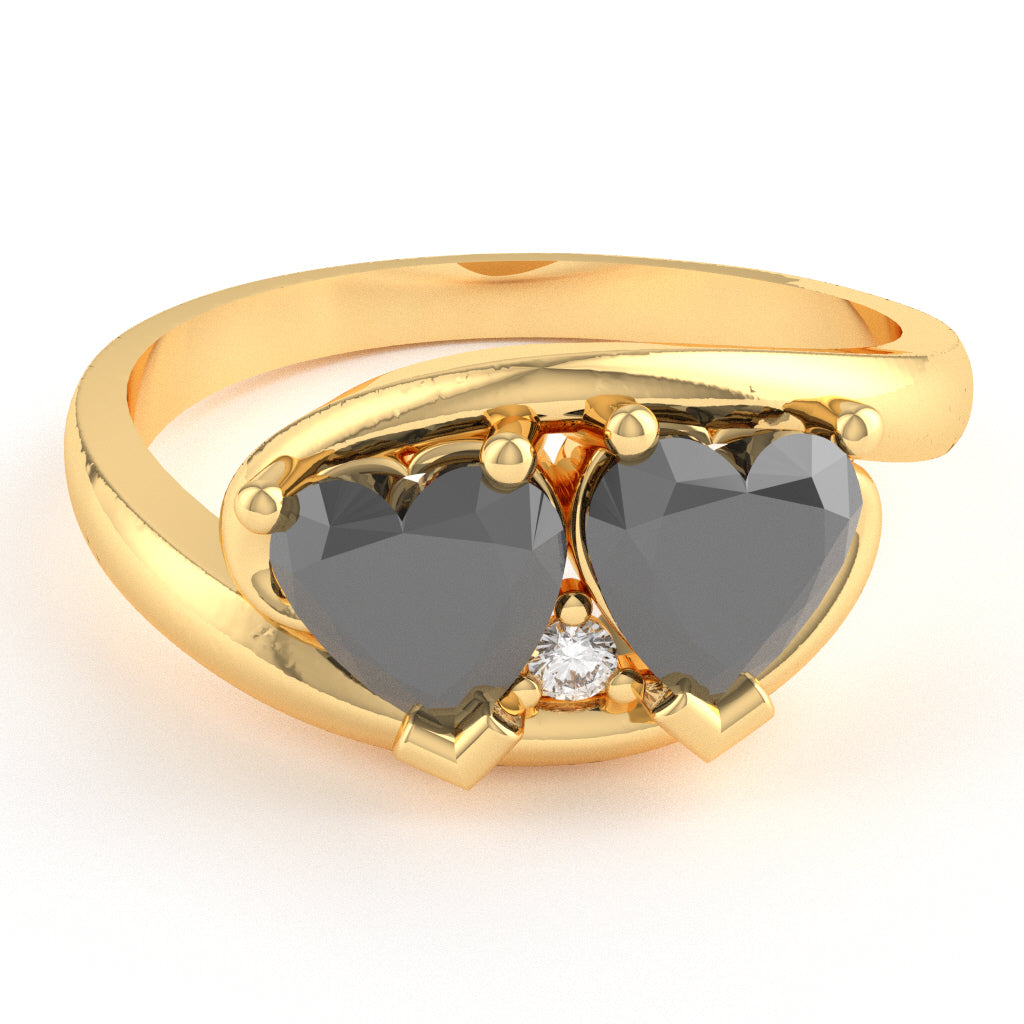 2 Hearts In Love Black Onyx Diamond Promise Ring In 14k Yellow Gold