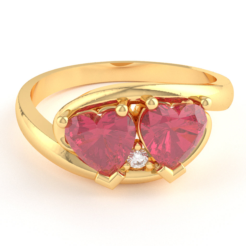 2 Hearts In Love Pink Tourmaline Diamond Promise Ring In 14k Yellow Gold