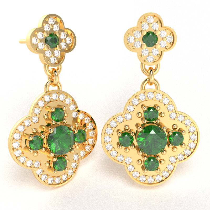 Shamrock Clover Flower Leaf Lab-Created Emerald Diamond Earrings In 10k Yellow Gold