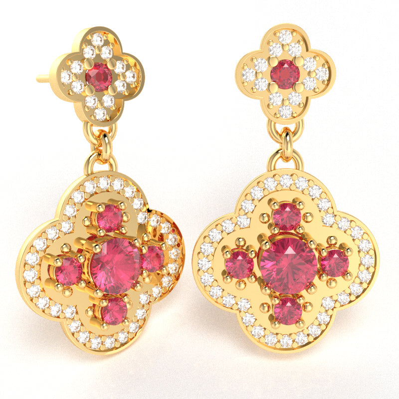 Shamrock Clover Flower Leaf Pink Tourmaline Diamond Earrings In 10k Yellow Gold