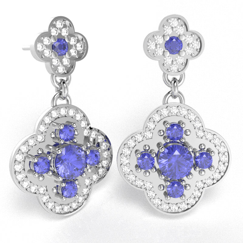 Shamrock Clover Flower Leaf Tanzanite Diamond Earrings In 10k White Gold