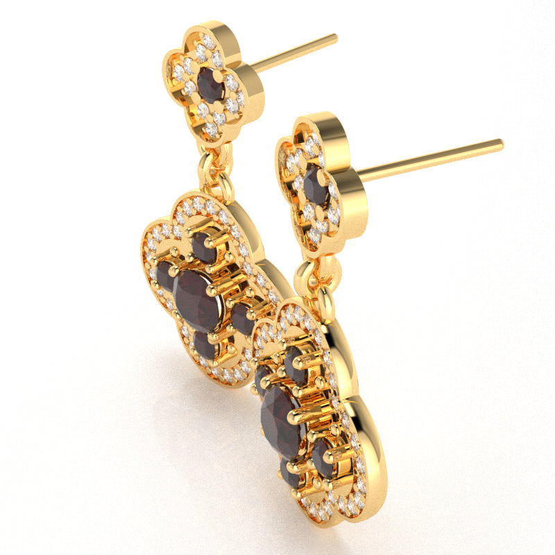 Shamrock Clover Flower Leaf Garnet Diamond Earrings In 10k Yellow Gold