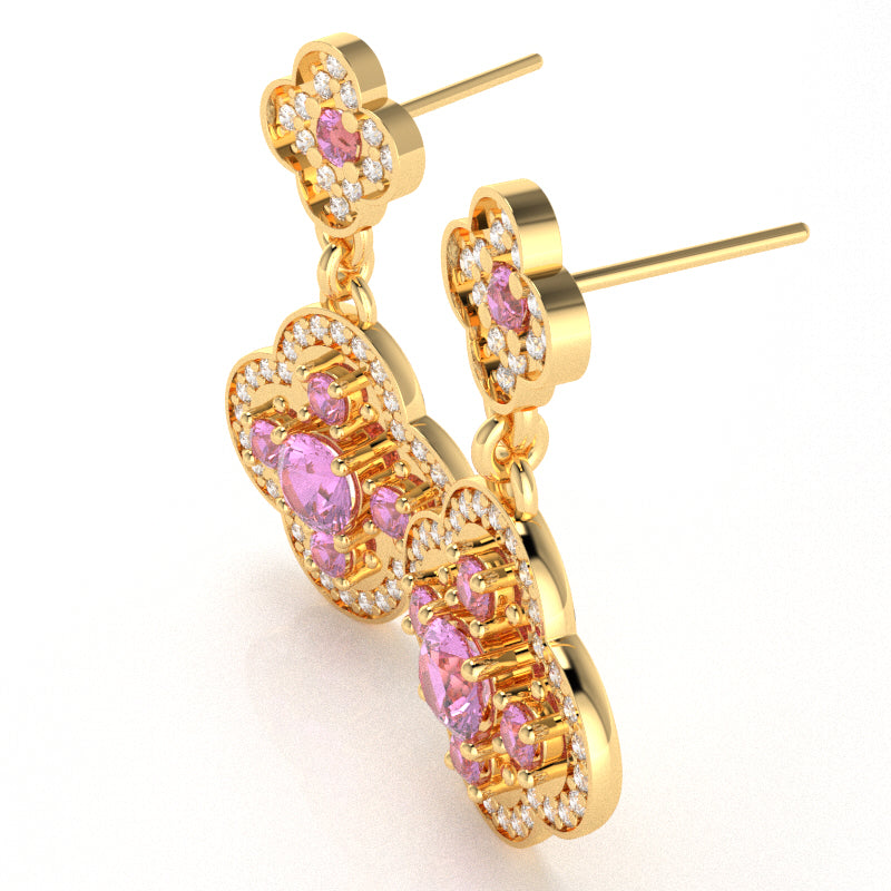 Shamrock Clover Flower Leaf Lab-Created Pink Sapphire Diamond Earrings In 10k Yellow Gold
