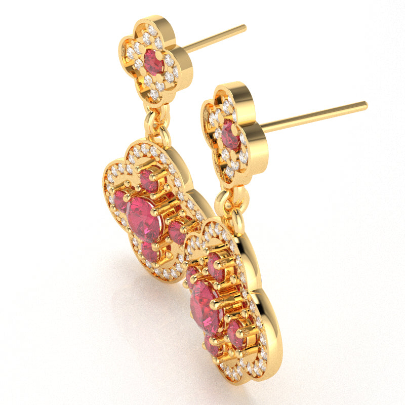 Shamrock Clover Flower Leaf Pink Tourmaline Diamond Earrings In 10k Yellow Gold