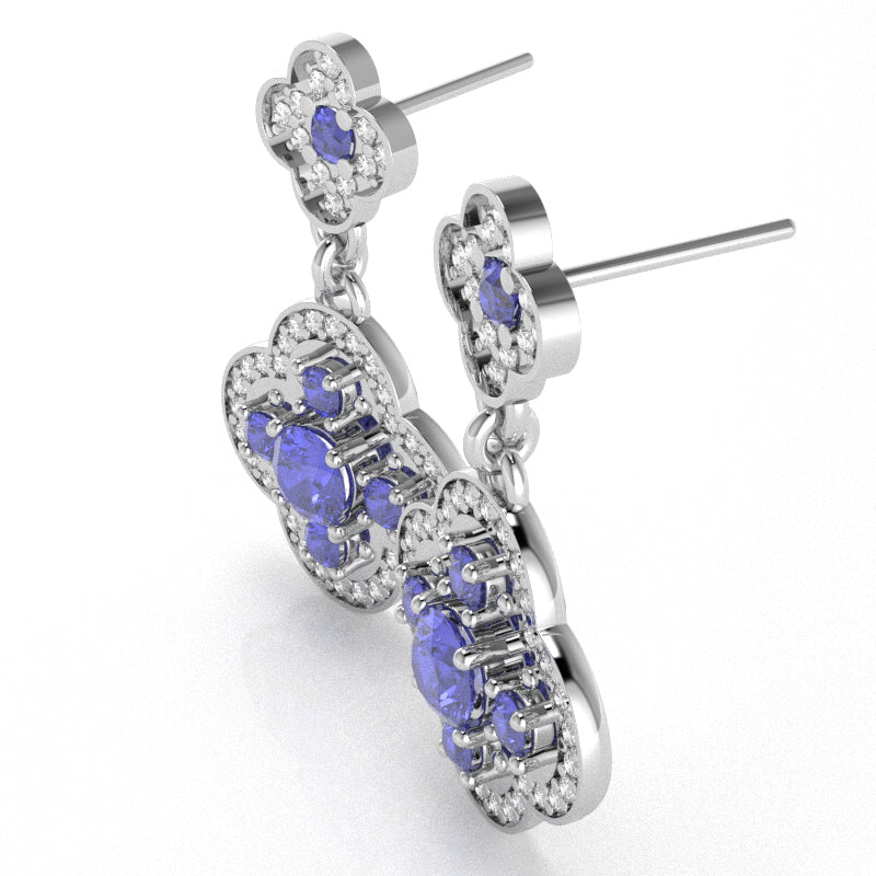 Shamrock Clover Flower Leaf Tanzanite Diamond Earrings In 10k White Gold