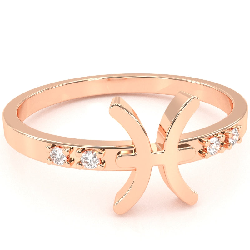 Pisces Zodiac Sign Diamond Ring In Solid 14k Rose Gold