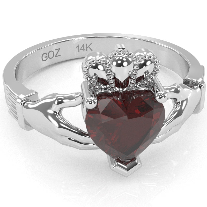 Claddagh Garnet Ring In Solid 14k White Gold