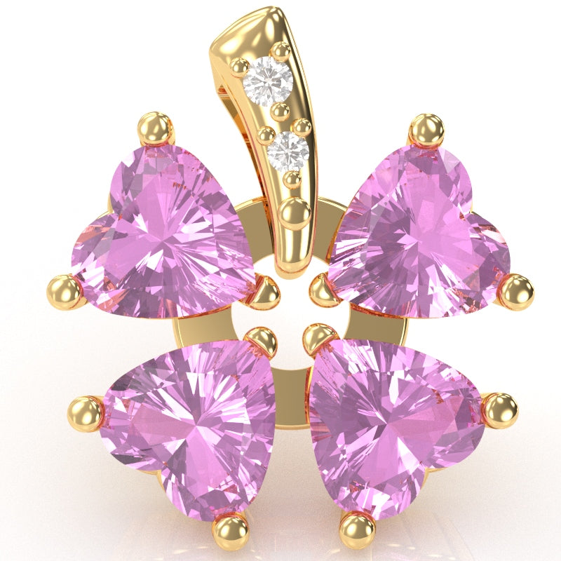4 Leaf Clover Shamrock Lab-Created Pink Sapphire Diamond Pendant In 14k Yellow Gold