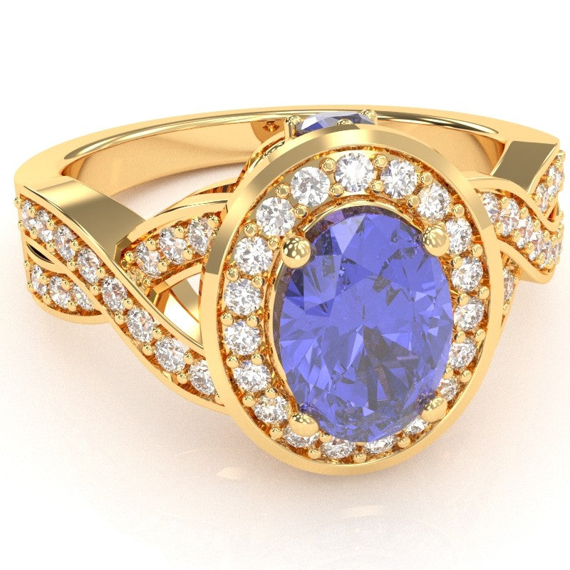 Three Stone Tanzanite Diamond Peekaboo Halo Engagement Ring In 14k Yellow Gold