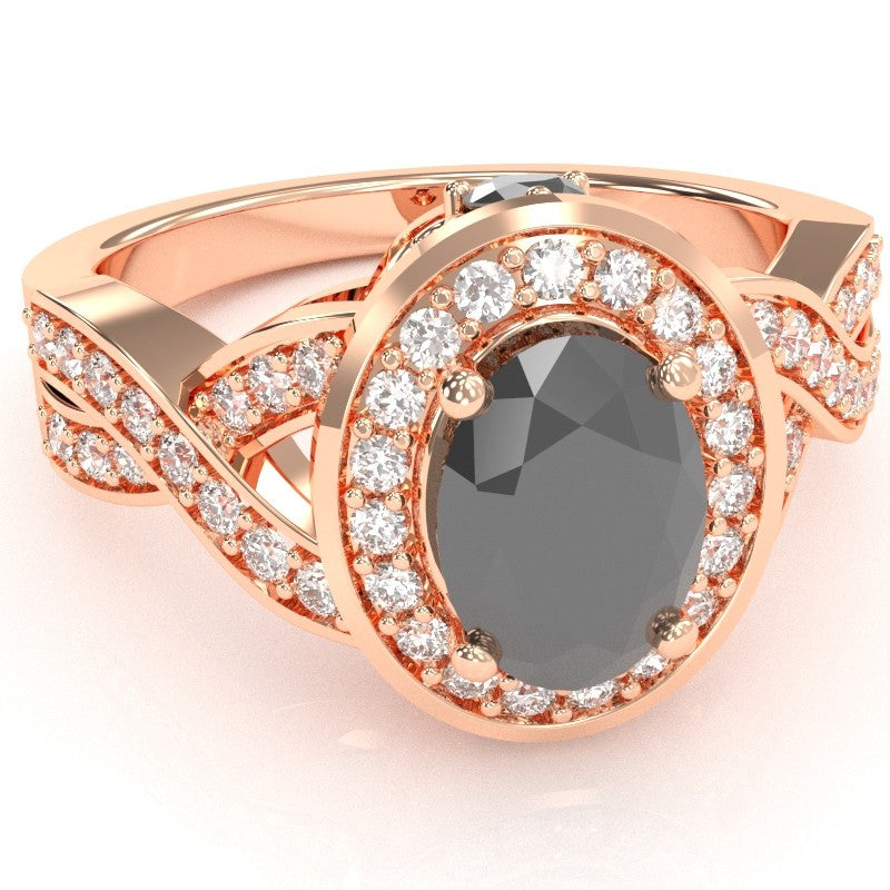 Three Stone Black Onyx Diamond Peekaboo Halo Engagement Ring In 14k Rose Gold