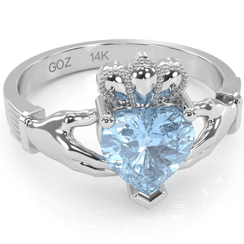 Claddagh Aquamarine Ring In Solid 14k White Gold