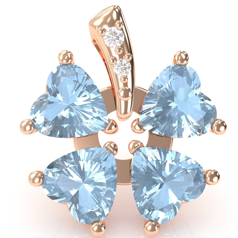 4 Leaf Clover Shamrock Aquamarine Diamond Pendant In 14k Rose Gold