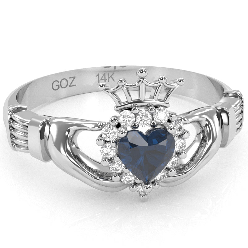 Claddagh Sapphire Diamond Ring In Solid 14k White Gold