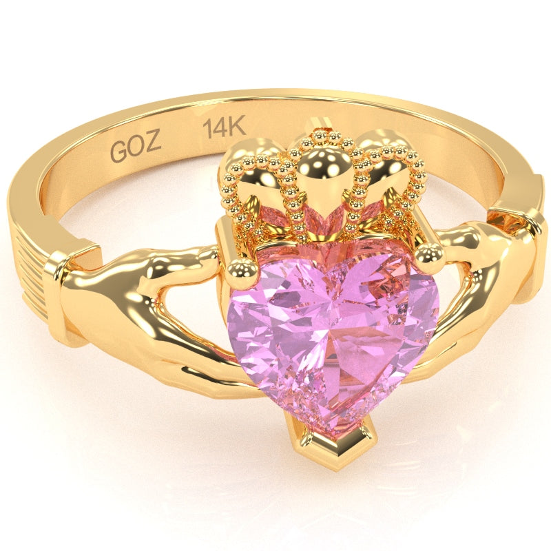 Claddagh Lab-Created Pink Sapphire Ring In Solid 14k Yellow Gold