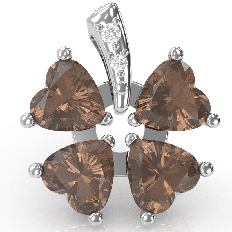 4 Leaf Clover Shamrock Smoky Quartz Diamond Pendant In 14k White Gold
