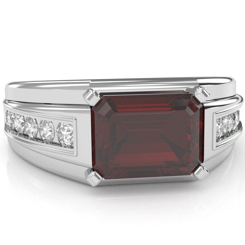 Men's Garnet Diamond Channel Ring In Solid 14k White Gold