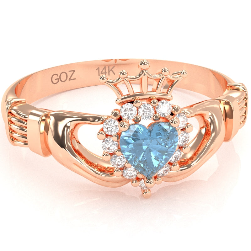 Claddagh Blue Topaz Diamond Ring In Solid 14k Rose Gold