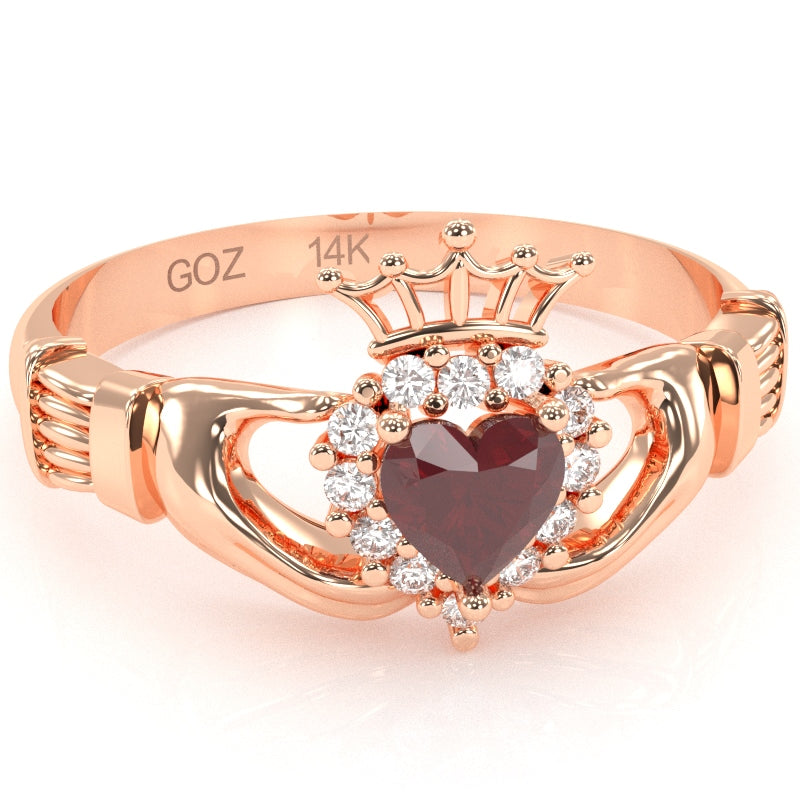 Claddagh Ruby Diamond Ring In Solid 14k Rose Gold