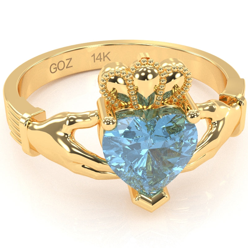 Claddagh Blue Topaz Ring In Solid 14k Yellow Gold