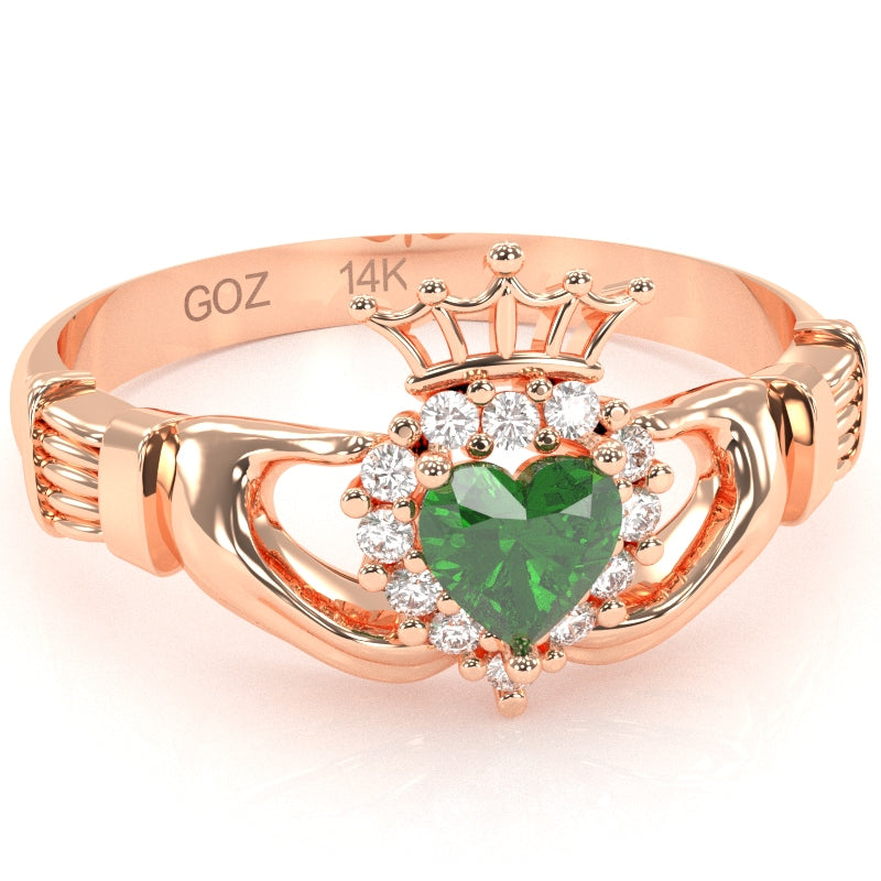 Claddagh Lab-Created Emerald Diamond Ring In Solid 14k Rose Gold