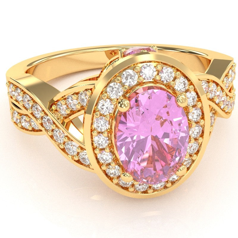 Three Stone Lab-Created Pink Sapphire Diamond Peekaboo Halo Engagement Ring In 14k Yellow Gold