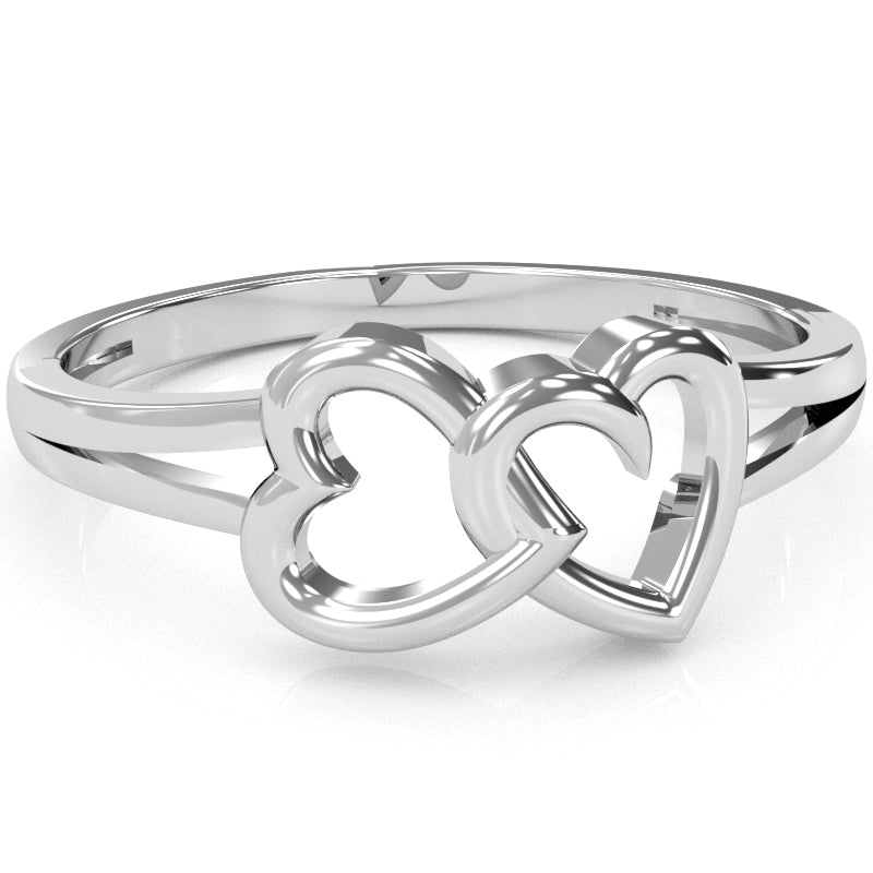 Double Heart Love Ring In Solid 14k White Gold