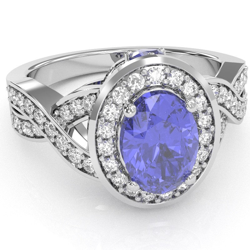 Three Stone Tanzanite Diamond Peekaboo Halo Engagement Ring In 14k White Gold