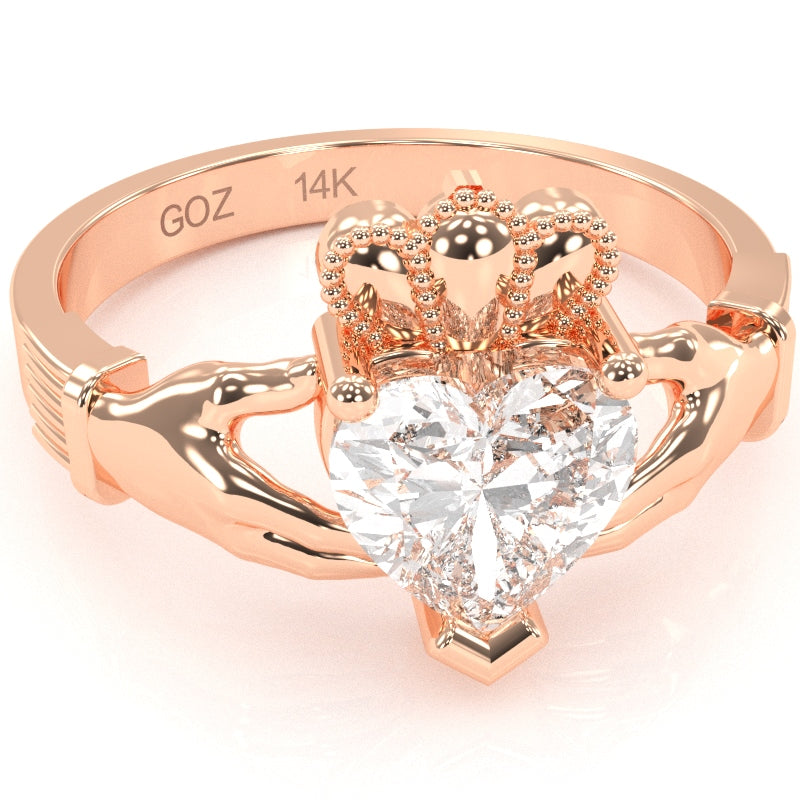 Claddagh White Topaz Ring In Solid 14k Rose Gold