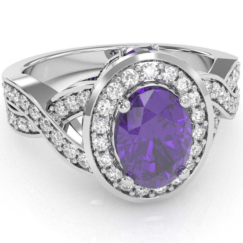Three Stone Amethyst Diamond Peekaboo Halo Engagement Ring In 14k White Gold