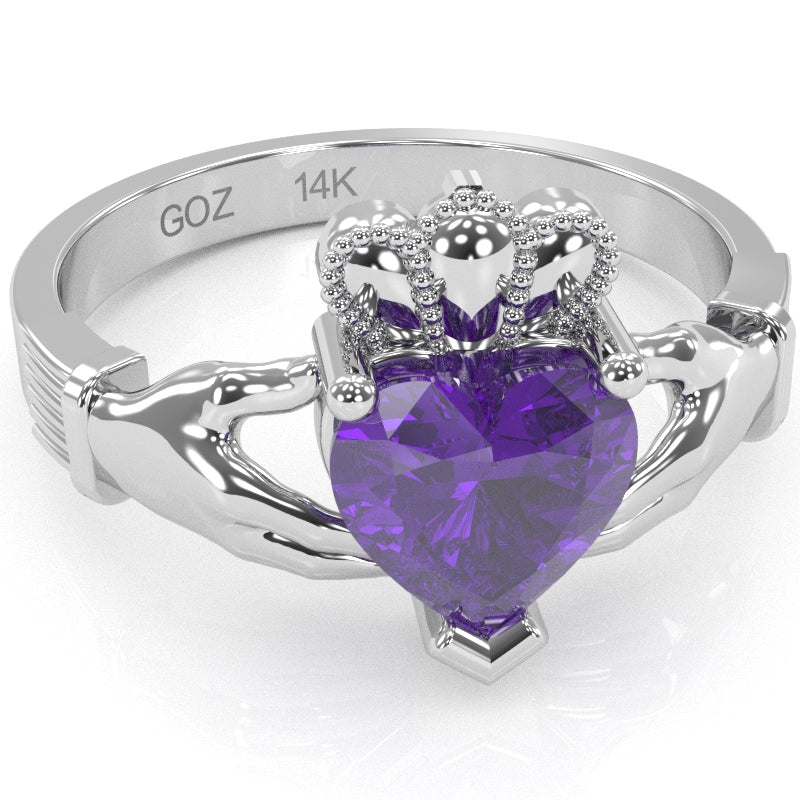 Claddagh Amethyst Ring In Solid 14k White Gold