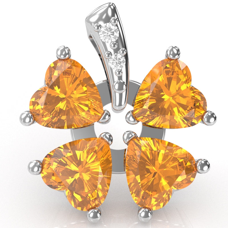 4 Leaf Clover Shamrock Citrine Diamond Pendant In 14k White Gold