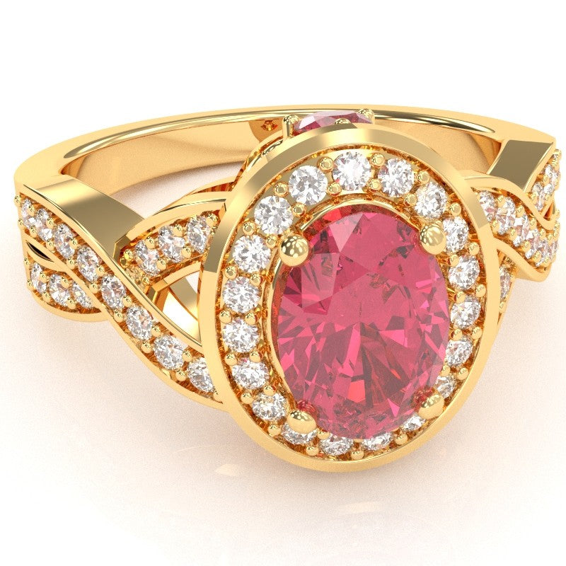 Three Stone Pink Tourmaline Diamond Peekaboo Halo Engagement Ring In 14k Yellow Gold