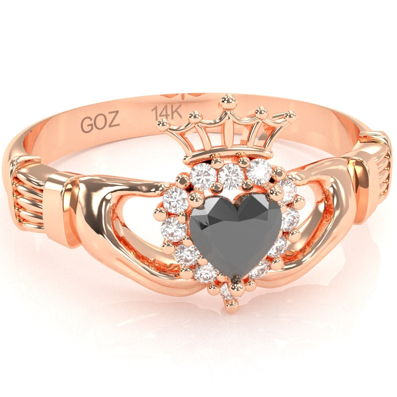 Claddagh Black Onyx Diamond Ring In Solid 14k Rose Gold