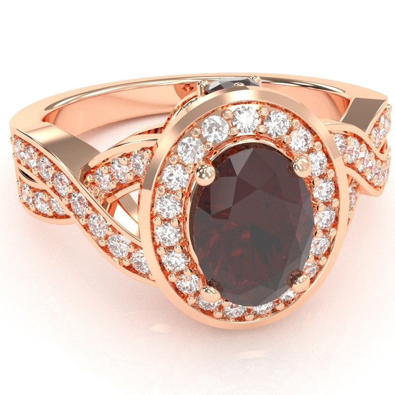 Three Stone Garnet Diamond Peekaboo Halo Engagement Ring In 14k Rose Gold