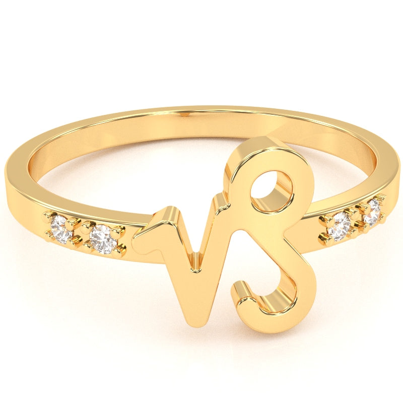 Capricorn Zodiac Sign Diamond Ring In Solid 14k Yellow Gold