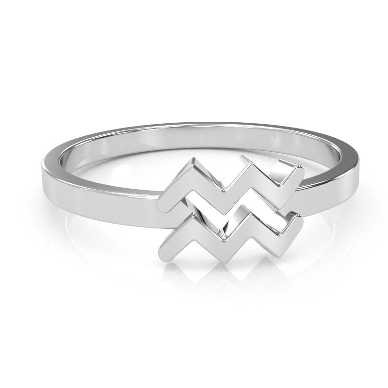 Aquarius Zodiac Sign Ring In Solid 14k White Gold