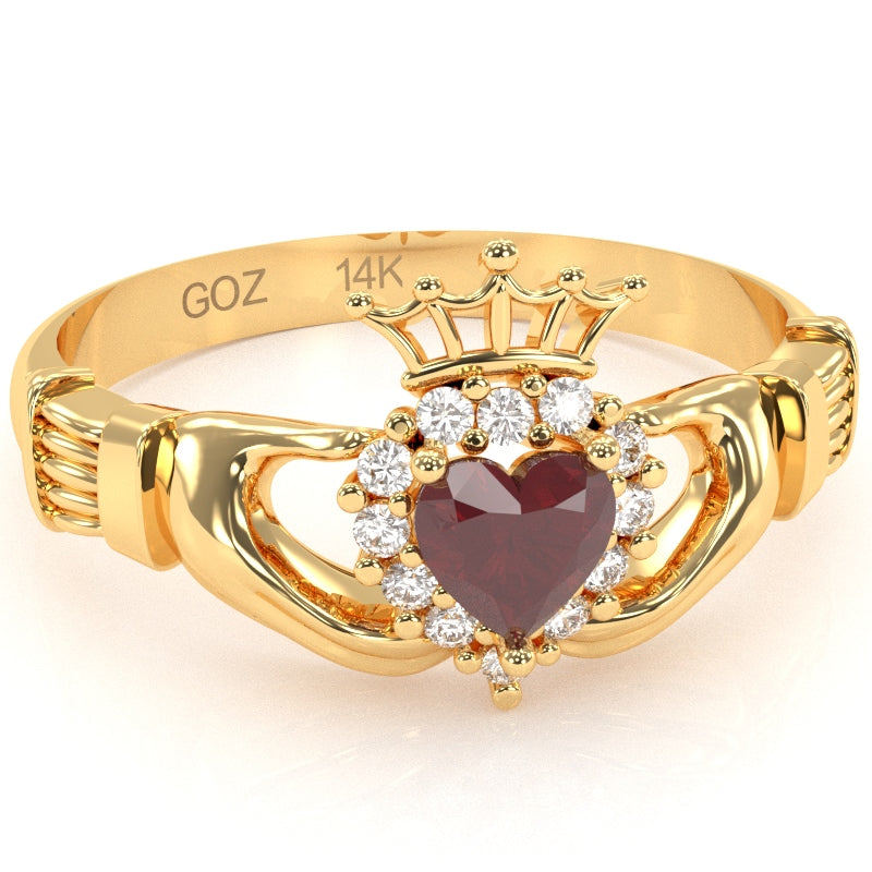 Claddagh Ruby Diamond Ring In Solid 14k Yellow Gold