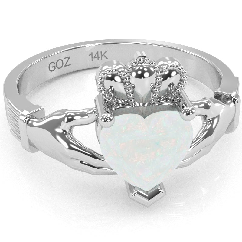 Claddagh Opal Ring In Solid 14k White Gold