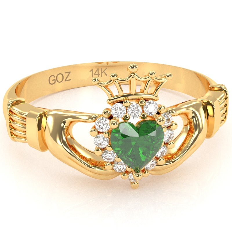 Claddagh Lab-Created Emerald Diamond Ring In Solid 14k Yellow Gold