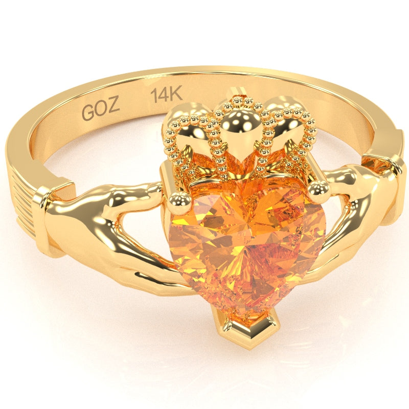 Claddagh Citrine Ring In Solid 14k Yellow Gold