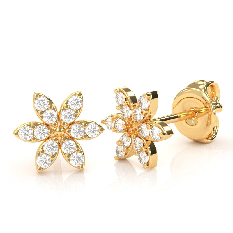 Diamond Encrusted Flower Stud Earrings in 10k Yellow Gold